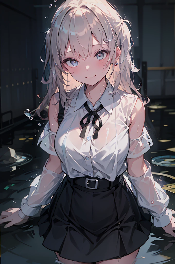 (8k, Ultra-high resolution, super high quality, masterpiece), One girl, cute, Ocean, Wavy, soaked, shirt, blouse, ribbon, Gothic Skirt, navy blue, Long skirt, Lots of water all over the body, splash, Soaking wet, Submersion, Lots of water, Standing in water, Water up to my chest, Date, Childlike, The best smile, drenched, 