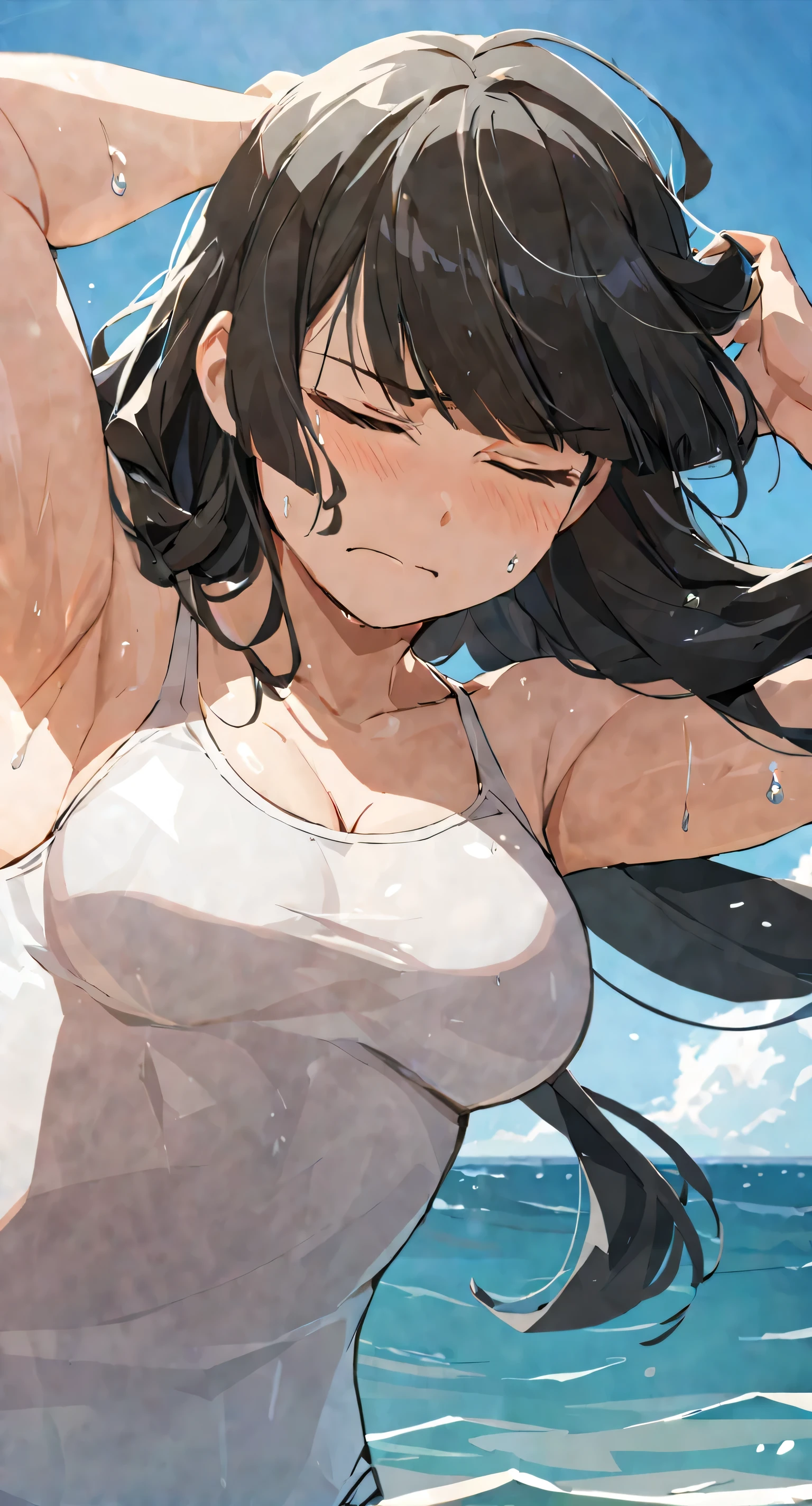 masterpiece,best quality, solo, eda, bangs, black hair, upper body,blue sky,cloud, shy expression, medium breast, hot, thicc, swimsuit , ocean, water, she is tying her hair, she is shy, embarrassed , she is embarrassed, dynamic pose, close shot, upper body, chubby, dynamic pose, trying hard, serious face, her chest is getting bigger, trying hard, almost crying, closed eyes