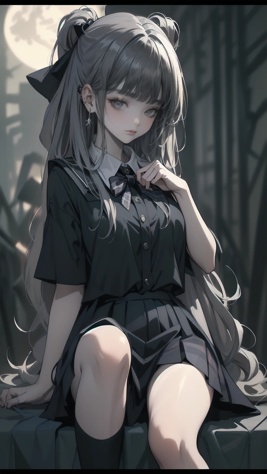 (The perfect solution, Absurd, Dynamic Lighting, High Resolution, masterpiece, Highest quality), Black background, ((moonlight)),, 1 girl, Silver Hair, Shiny Hair, very Long Hair, 鈍いbangs, Very red lips, Looking at the audience, Iconic eyes, (((Half-closed eyes))), (偽りのsmile), (Chest and ribs), eyes are bright red, pupils are narrow, Gothic Makeup,, Light beige skin, (fallen Angel)))), ((((Haniel)))) Light Skin Hair, Long Hair, きれいに整えられたbangs, ((Long Bottom)), ((Long eyelashes)), eye shadow, (((Grey Eyes))), Light skin and brown lips, (Laugh without emotion), Behaving provocatively, ((whiteい美しいゴシック衣装)), Lady,, (Beautiful background: 1.18), High Resolution, art, work, Highest quality, ,Shadowed face　、beautiful girl、とてもcute天使、Pink T-shirt、cute、Baby Face、smile、Long skirt、Black long boots、.(Highest quality,4K,High resolution,masterpiece:1.2),Very detailed,Realistic:1.37, beautiful girl、Very cute angel、(masterpiece:1.2, Highest quality), (Actual, photoActual:1.4), Looking at the audience, whole body, Front view:0.6, , Japanese, high School girl, (Long Hair:1.5), Dry your hair, (Half Up, Half Down, Half Up, Half Downdo), bangs, Hair between the eyes, Big Breasts:0.8, Beautiful Hair, Pretty face, Beautiful and delicate eyes, Beautiful clavicle, Beautiful body, Beautiful breasts, Beautiful thighs, Beautiful feet, (Beautiful views), , School, ((Collared short-sleeved shirt, white shirt, School uniform, Grey plaid pleated skirt, Blue checked bow tie)), white, Lying on a table on stage，The skirt hangs down around the thighs, Clothes buttons open, show内衣, Place your hands behind your back，Spread your legs，show， blush, ,smile、Long skirt、
