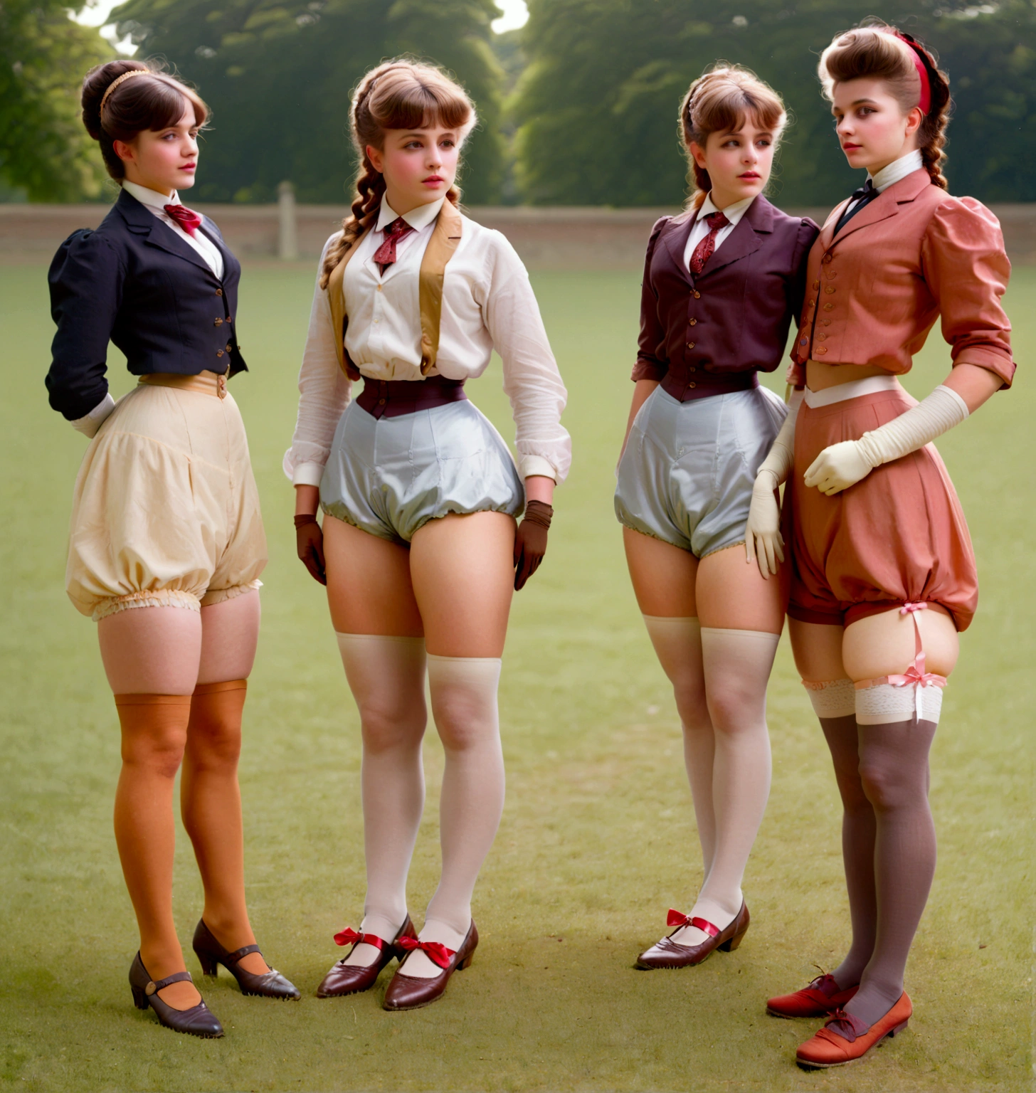 A group of  girls, of different hair colors, ages 13ing with old perverts in the 1890s, (((showing some leg, revealing their high-waisted bloomers))). Victorian setting. 1890_dr3ss. Year 1898. Colorful high-collar shirtwaists with puff sleeves, long skirts, elegant hats, ribbon ties and cameo broochea, gloves, petticoats, garter silk stockings and button boots.