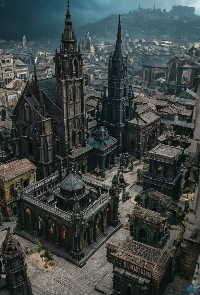 A photo of a gotic diesel punk city landscape,a landscape of a gotic Temple city, a landscape of a city full of temples and chapels, sacres architectures,sacres templars statues and buildings, a adeptus ministrorum buildings, ecclesiarchia world, Temples world,Hidetaka Miyazaki, Warhammer 40k,an imponent gotic diesel punk Temples city, a Temples valley, cyber fantasy goth punk,eerye and sacral athmosphere,opulent city, bloodborne,Kazuhiro Hamatani,,4k, realistic, analog style, film grain, 35mm,ultra