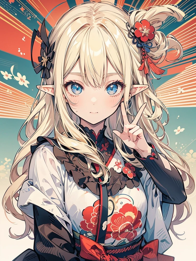 masterpiece, best quality, 1girl, ultra detailed, ultra highres, 8k, well-definded facial features, anatomically correct, cute girl, long pointy ears, elf, nice face, blonde hair, blue eyes, peace sign, cowboy shot, Ukiyo-e