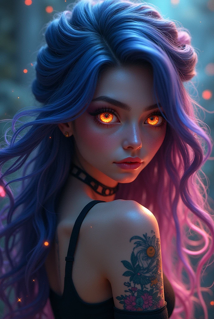A hauntingly beautiful portrait of a gothic gyaru girl, sporting vibrant orange and pink ombre flowers as the backdrop. Her smiling face glows with an otherworldly allure, framed by luscious purple flowing hair that cascades down her back like a dark waterfall. A garter belt cinches at her waist, accentuating her slender figure, while delicate lace underwear peeks out from beneath, exuding sweet and sexy charm. She poses seductively, as if beckoning the viewer into a realm of Halloween magic.