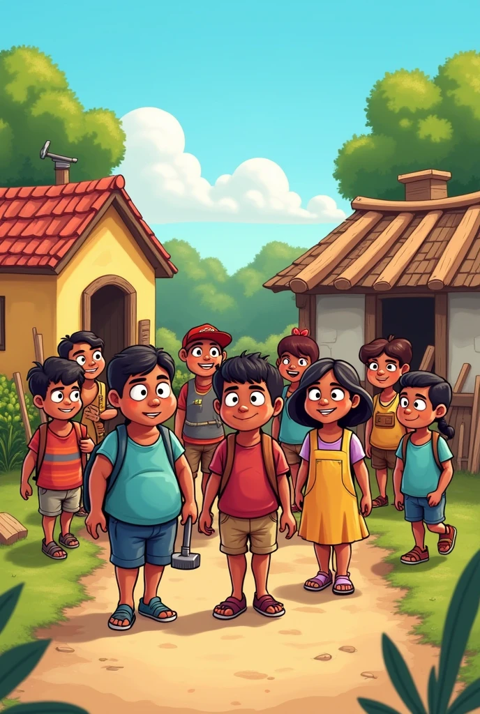 A small, ancient village in India called Teerthpuri, surrounded by lush green fields, with three young boys – Sumit (smart and brave), Banti (playful and mischievous), and Rinku (timid and fearful) standing together in the village square."