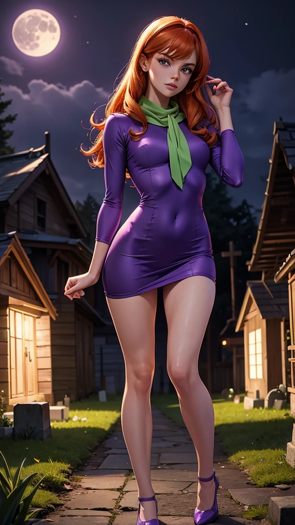 Daphne Blake with Scooby Doo, beautiful and delicate sexy woman, joven, ginger hair, ojos color violeta, minivestido color púrpura, scarf green, skinny body, small and beautiful breasts, small and beautiful buttocks, purple shoes, sensual, mysterious, sinister background, she is in a wooden house with ghosts, Dark atmosphere, full moon, cemetery, night, High resolution, masterpiece, The best quality, Very detailed, photorealistic, realism, 