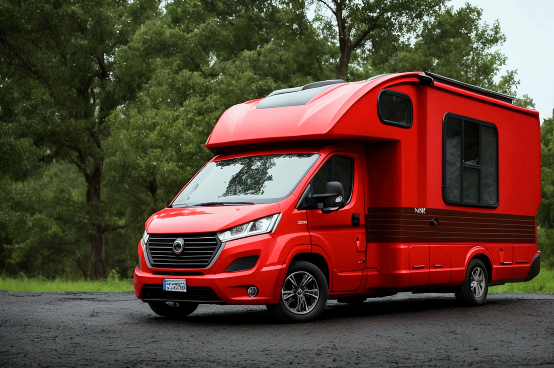 a lone future survivor rv, motorhome, highly detailed photographic image, vivid colors, red, green, blue, yellow, intense contrast, cinematic depth of field, masterfully composed, cinematic camera angle, quiet setting, wet floor, rain, photorealistic, 8k, studio lighting, physically-based rendering, extreme detail description, dramatic lighting, moody atmosphere, cinematic composition, environmental portrait