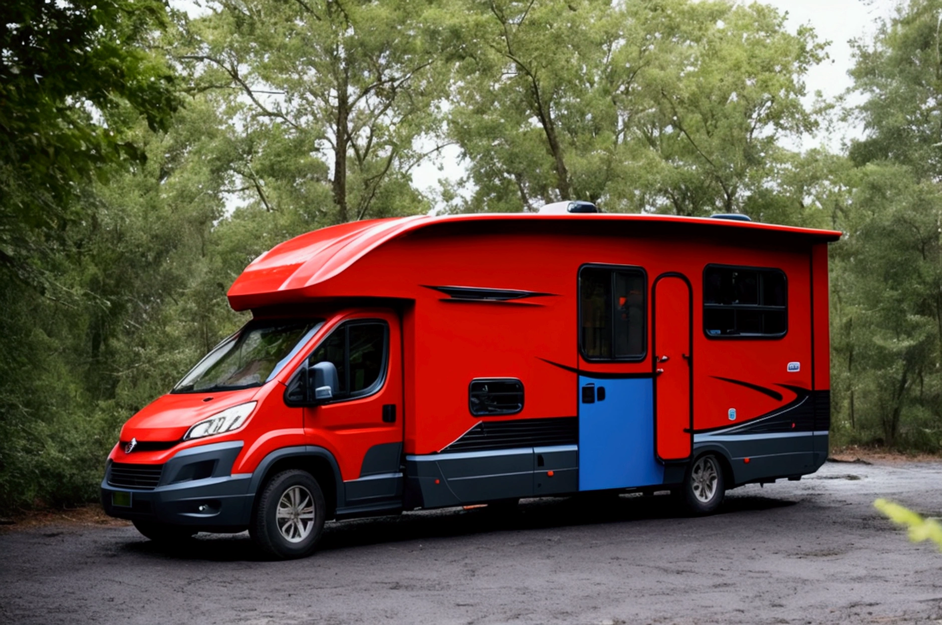 a lone future survivor rv, motorhome, highly detailed photographic image, vivid colors, red, green, blue, yellow, intense contrast, cinematic depth of field, masterfully composed, cinematic camera angle, quiet setting, wet floor, rain, photorealistic, 8k, studio lighting, physically-based rendering, extreme detail description, dramatic lighting, moody atmosphere, cinematic composition, environmental portrait