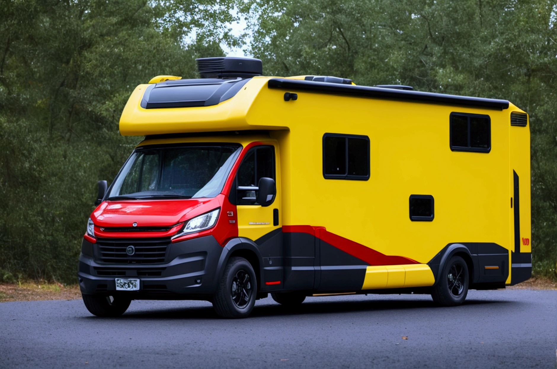 a lone future survivor rv, motorhome, highly detailed photographic image, vivid colors, red, green, blue, yellow, intense contrast, cinematic depth of field, masterfully composed, cinematic camera angle, quiet setting, wet floor, rain, photorealistic, 8k, studio lighting, physically-based rendering, extreme detail description, dramatic lighting, moody atmosphere, cinematic composition, environmental portrait