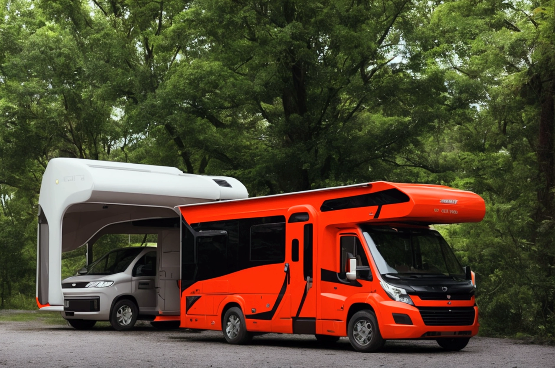 a lone future survivor rv, motorhome, highly detailed photographic image, vivid colors, red, green, blue, yellow, intense contrast, cinematic depth of field, masterfully composed, cinematic camera angle, quiet setting, wet floor, rain, photorealistic, 8k, studio lighting, physically-based rendering, extreme detail description, dramatic lighting, moody atmosphere, cinematic composition, environmental portrait