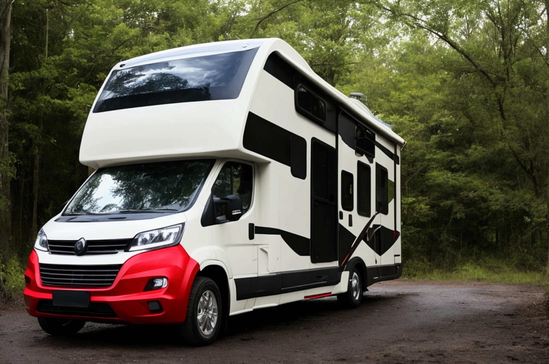 a lone future survivor rv, motorhome, highly detailed photographic image, vivid colors, red, green, blue, yellow, intense contrast, cinematic depth of field, masterfully composed, cinematic camera angle, quiet setting, wet floor, rain, photorealistic, 8k, studio lighting, physically-based rendering, extreme detail description, dramatic lighting, moody atmosphere, cinematic composition, environmental portrait