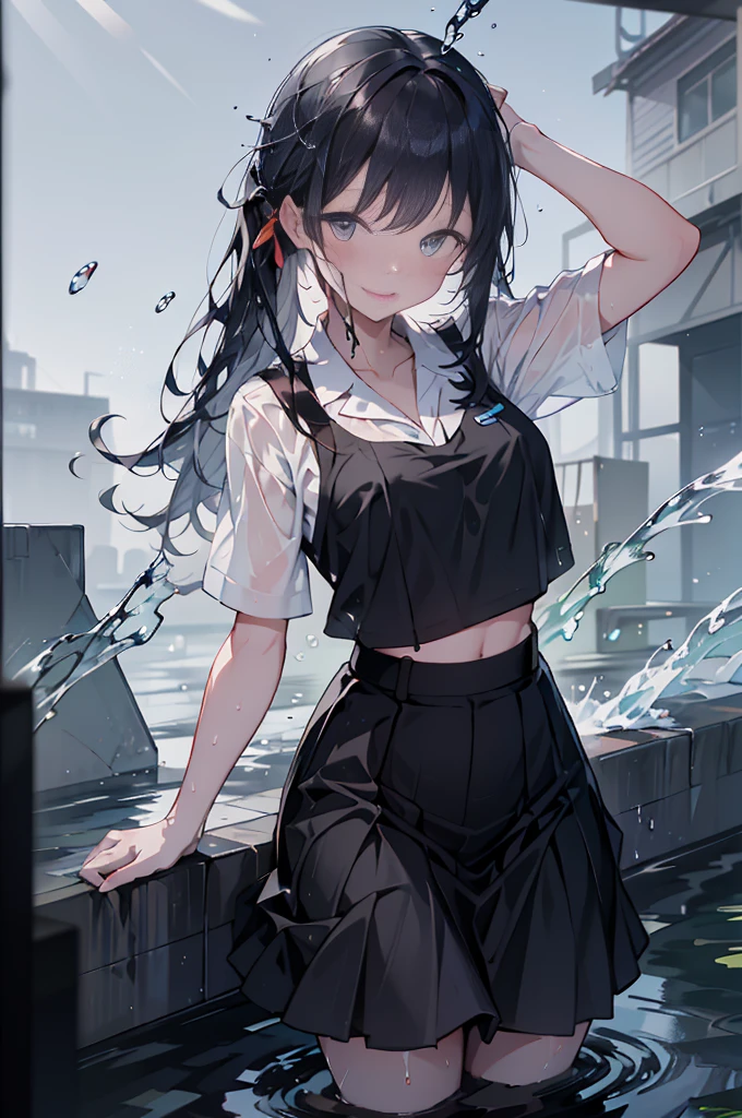 (8k, Ultra-high resolution, super high quality, masterpiece), One girl, cute, Mouth is open, Ocean, Wavy, soaked, Black Bra, shirt, blouse, ribbon, ゴシックなLong skirt, navy blue, Long skirt, Lots of water all over the body, splash, Soaking wet, Submersion, Lots of water, Standing in water, Water up to my chest, Date, Childlike, The best smile, drenched, Water Play