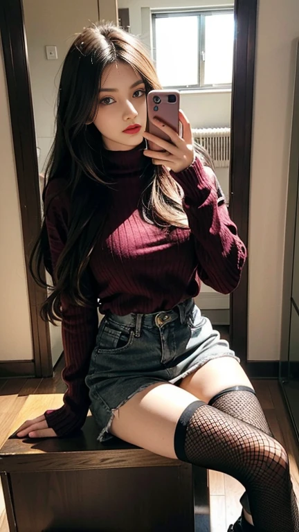 long straight hair, burgundy oversized sweater, fishnet stockings, black boots, sitting cross-legged, leg extended forward, holding phone in front of face, looking at the phone, indoor, white door, reflective floor, casual atmosphere, natural light, soft shadows, front view, mirror selfie, relaxed pose, minimalistic background