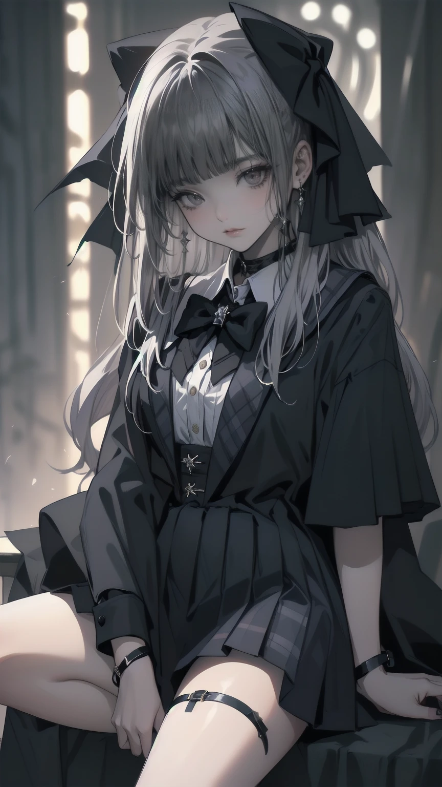 (The perfect solution, Absurd, Dynamic Lighting, High Resolution, masterpiece, Highest quality), Black background, ((moonlight)),, 1 girl, Silver Hair, Shiny Hair, very Long Hair, 鈍いbangs, Very red lips, Looking at the audience, Iconic eyes, (((Half-closed eyes))), (偽りのsmile), (Chest and ribs), eyes are bright red, pupils are narrow, Gothic Makeup,, Light beige skin, (fallen Angel)))), ((((Haniel)))) Light Skin Hair, Long Hair, きれいに整えられたbangs, ((Long Bottom)), ((Long eyelashes)), eye shadow, (((Grey Eyes))), Light skin and brown lips, (Laugh without emotion), Behaving provocatively, ((whiteい美しいゴシック衣装)), Lady,, (Beautiful background: 1.18), High Resolution, art, work, Highest quality, ,Shadowed face　、beautiful girl、とてもcute天使、Pink T-shirt、cute、Baby Face、smile、Long skirt、Black long boots、.(Highest quality,4K,High resolution,masterpiece:1.2),Very detailed,Realistic:1.37, beautiful girl、Very cute angel、(masterpiece:1.2, Highest quality), (Actual, photoActual:1.4), Looking at the audience, whole body, Front view:0.6, , Japanese, high School girl, (Long Hair:1.5), Dry your hair, (Half Up, Half Down, Half Up, Half Downdo), bangs, Hair between the eyes, Big Breasts:0.8, Beautiful Hair, Pretty face, Beautiful and delicate eyes, Beautiful clavicle, Beautiful body, Beautiful breasts, Beautiful thighs, Beautiful feet, (Beautiful views), , School, ((Collared short-sleeved shirt, white shirt, School uniform, Grey plaid pleated skirt, Blue checked bow tie)), white, Lying on a table on stage，The skirt hangs down around the thighs, Clothes buttons open, show内衣, Place your hands behind your back，Spread your legs，show， blush, ,smile、Long skirt、
