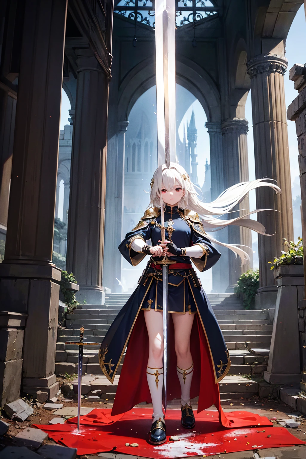 masterpiece, ultra detailed, 8K Portrait, Raw photo, a portrait photo of, Highly detailed face, beautiful and meticulous eyes, ((Fantasy)), Young beautiful, (((expressionless))), (((Mature look))), (((woman soldier))), ((elf)) tall, center parted messy hair, brave face, (((skin as white as pearl))), ((blond)), (((white silk short cloak))) Fluttering in the wind, (((black and red leather armor))), iron boots, ((holding a short sword)), (((equip a small shield))), Midday Sun, Hyper realistic, Body model, Small breasts, Beautiful breasts, Long legs, in a castle, Ambient lighting, Shadow details , Camera focus on face, strong breeze, Light fog