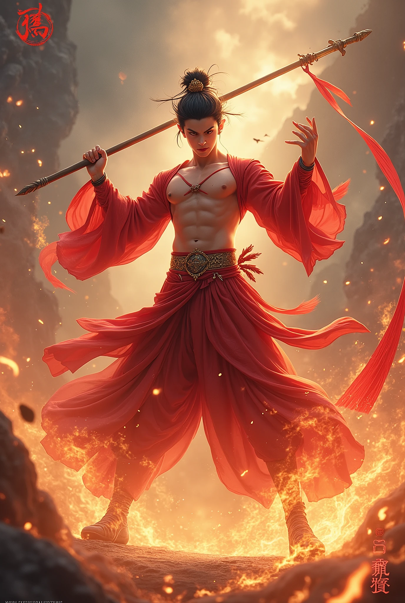 Make a boy who is a fire god who uses a katana sword and the boy has to have very big muscles