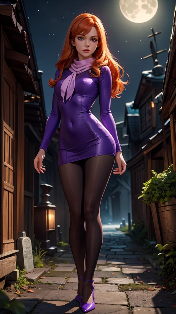 Daphne Blake with Scooby Doo, beautiful and delicate sexy woman, joven, ginger hair, ojos color violeta, minivestido color púrpura, scarf green, skinny body, small and beautiful breasts, small and beautiful buttocks, purple shoes, sensual, mysterious, sinister background, she is in a wooden house with ghosts, Dark atmosphere, full moon, cemetery, night, High resolution, masterpiece, The best quality, Very detailed, photorealistic, realism, 