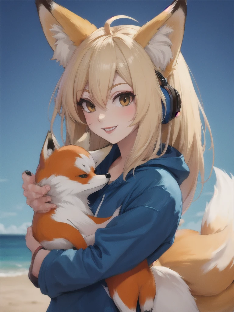 Fox Ears, Fox&#39;s Tail, Huge breasts, Wide Hips, bikini, smile, Mouth closed, Swimwear, barefoot, Beach