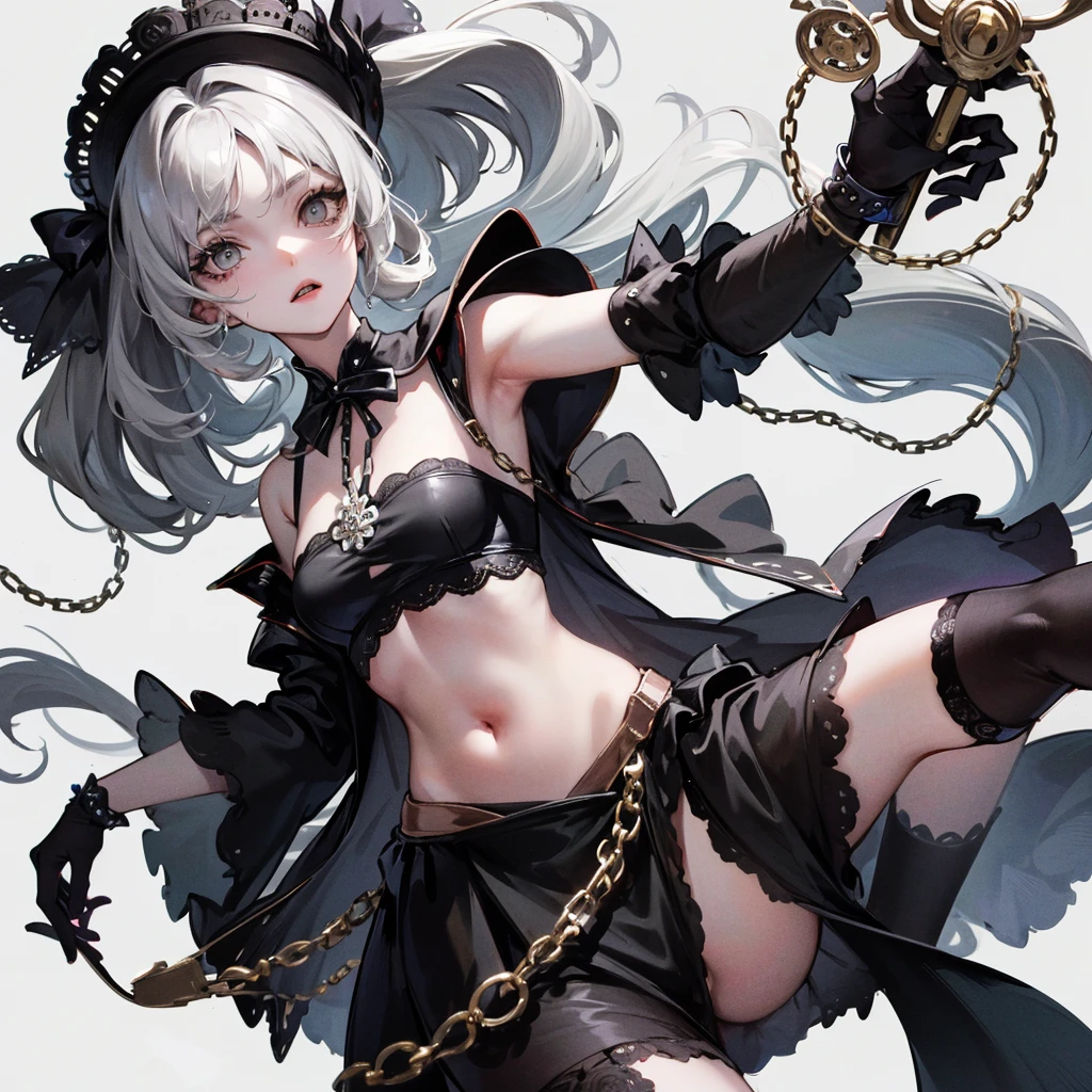  ((best quality)), ((masterpiece)), (detailed), 1girl, Character design, female, dynamic poses, long white grey hair, grey white eyes, very skinny, detailed, best quality, no accesoires around the neck, no shoes, prominent collarbones, skinny arms, flat stomach, visible hip bones, full body, blank white background, plain background, white background, red and white clothing, Bloodborne inspired, occult aesthetic, occult, detailed and intricate steampunk and detailed gothic, NSFW, Very dramatic and cinematic lighting, cosmic horror, grim-dark, side-lighting, perfect face, NSFW, Fluttering lace flared long knee length dress with frilly petticoats, knee length dress, pleated petticoats, petticoats gothic, complex lace boots, side-lighting, gothic aesthetic, wielding a mighty sword with mechanical components, mandalas, small breasts, a fairy, various different types of insect wings, NSFW, full body, whole body, body, plain background, white background, blank background, no background, white background NSFW, chains, full body, whole body, head-to-toe NSFW 