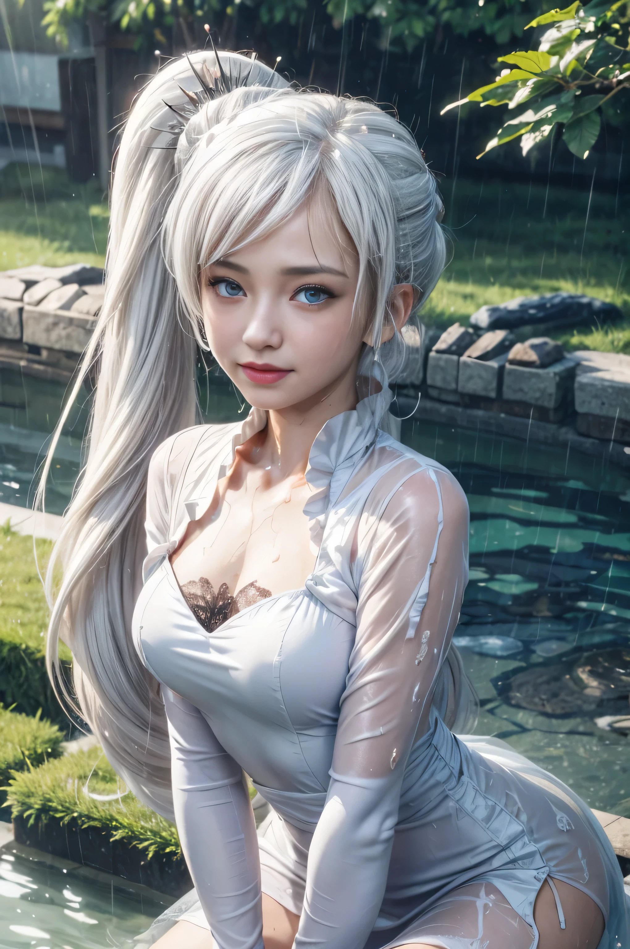 masterpiece, best quality, (realistic,photo-realistic:1.4), (RAW photo:1.2), extremely detailed CG unity 8k wallpaper, delicate and beautiful, amazing,finely detail, official art, absurdres, incredibly absurdres, huge filesize, ultra-detailed,extremely detailed eyes and face,light on face,(little smile),weiss schnee,(white hair:1.4),(wearing white dress:1.4),(raining background:1.4),(long hair:1.25),ponytails,(wet body:1.5)