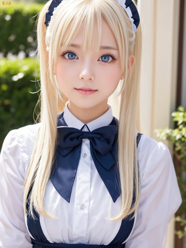 Portraiture、School uniforms、bright表情、ponytail、young, bright, Whiter skin、Best Looks、Blonde reflection、Platinum blonde hair with dazzling highlights、輝くbright髪,、Super long, Silky straight hair、beautiful shiny bangs、Sparkling, clear, Attractive big blue eyes、She is a very beautiful and lovely girl、Ample breasts、Black and white maid cafe employee costume