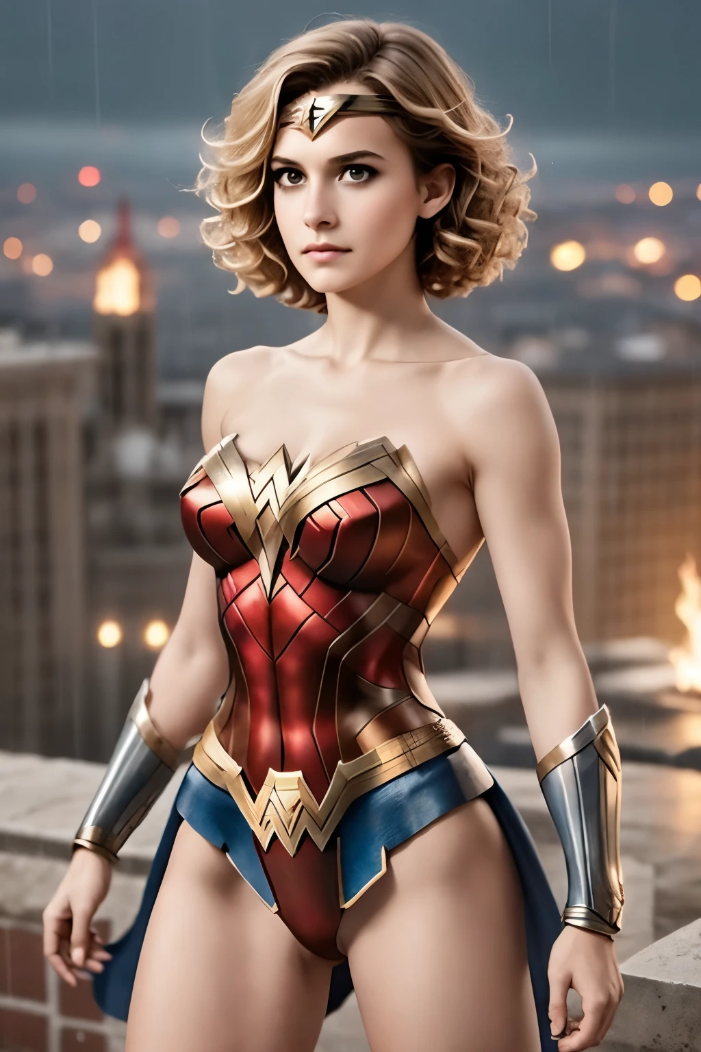 1 girl, Wonder Woman suit, short curly hair, blonde hair, beautiful face, rain, roof, masterpiece, exquisite details, perfect anatomy, fighting stance