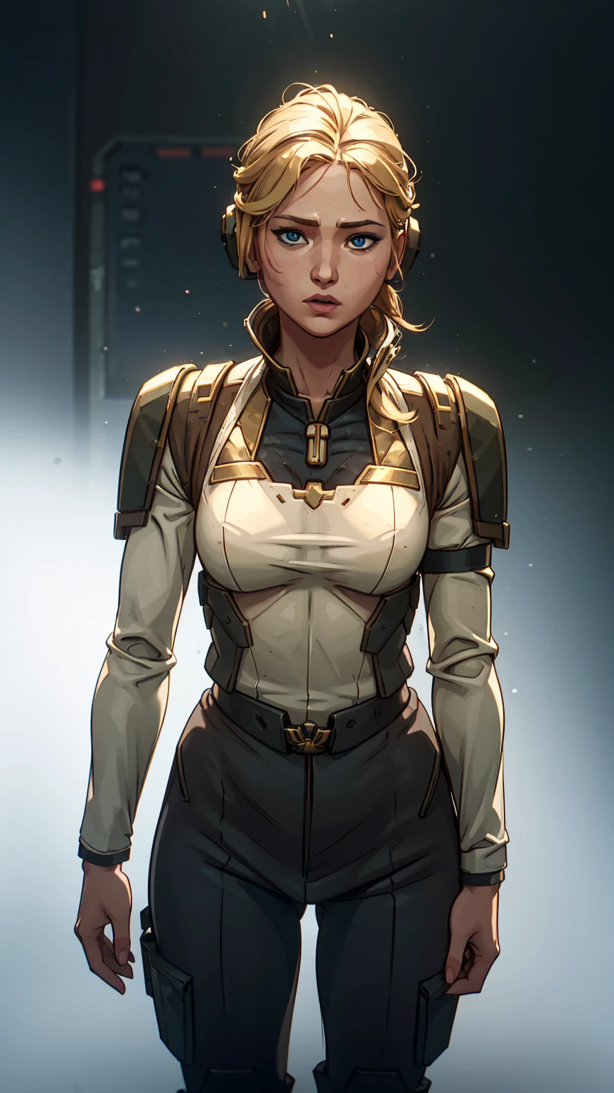 actress Jennifer Lawrence from hunger games, female, textured blond open hair, uniform wearing si-fi soldier, perfect eyes, heavy breastplate, flat chest, small breasts, futuristic, grimdark, soldier shoulder pads, warhammer, military insignia, military service ribbon, j3nn1f3rl-v2, (military style tactical ((communications headset))), moody, large depth of field, upper body shot low lighting, cadiachan, deep depth of field, highly detailed, three quarter shot, frontal image, plain white background, standing