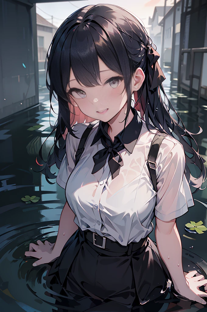 (8k, Ultra-high resolution, super high quality, masterpiece), One girl, cute, Mouth is open, looks fun, Ocean, Sunset, Wavy, soaked, Black Bra, shirt, blouse, ribbon, ゴシックなLong skirt, navy blue, Long skirt, Lots of water all over the body, splash, Soaking wet, Submersion, Lots of water, Standing in water, Water up to my chest, Date, Childlike, The best smile, drenched, Water Play