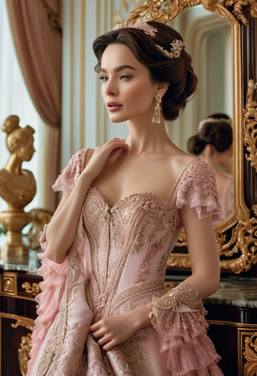 An elegant and self-assured woman stands against a screen in a luxurious room decorated with rich furniture. She is dressed in a pale pink dress with intricate details and frills, complete with floral embellishments on the bodice. Holding a mirror in one hand, she adopts a graceful pose while the other rests on a screen with her elbow, supporting her head. The backdrop of the scene features rich fabrics and intricate embellishments, creating a sophisticated, luxurious atmosphere that is complemented by soft, balanced lighting in the room.
