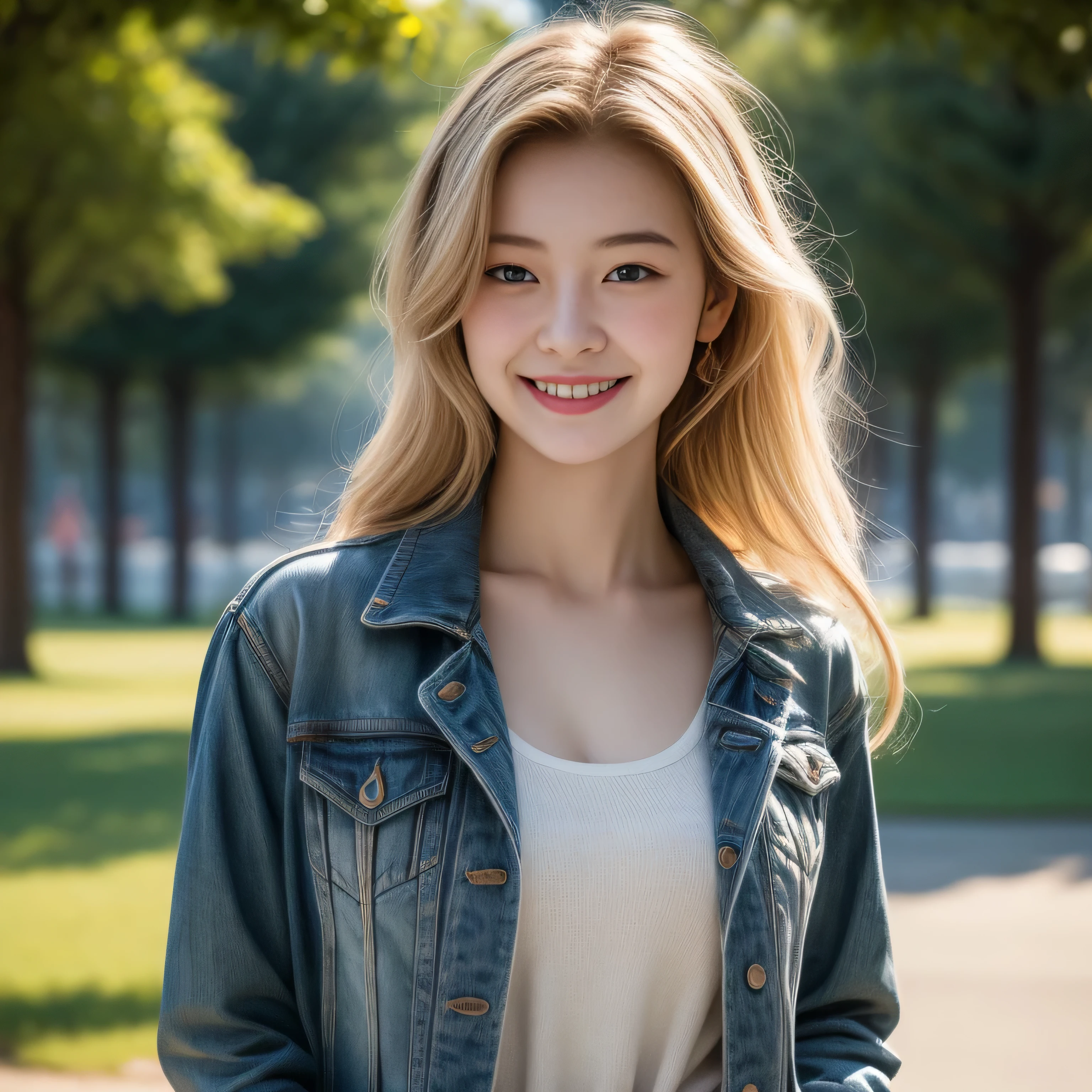 masterpiece, best quality, 1girl, beautiful, fine, delicate, extremely intricate, detailed, blonde hair, jacket, blue eyes, ((masterpiece)), extremely detailed, best quality, high resolution, ((at a park)), Bridget, smile,  