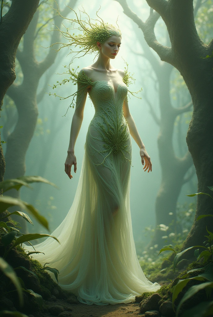 Human with light green skin color slightly translucent or shiny, with eyes with a greenish tint in the sclera, hair with greenish highlights, blue-green throne veins, slim build, leaning towards the sun, with arms outstretched, with translucent clothing, and with leaves on the skin