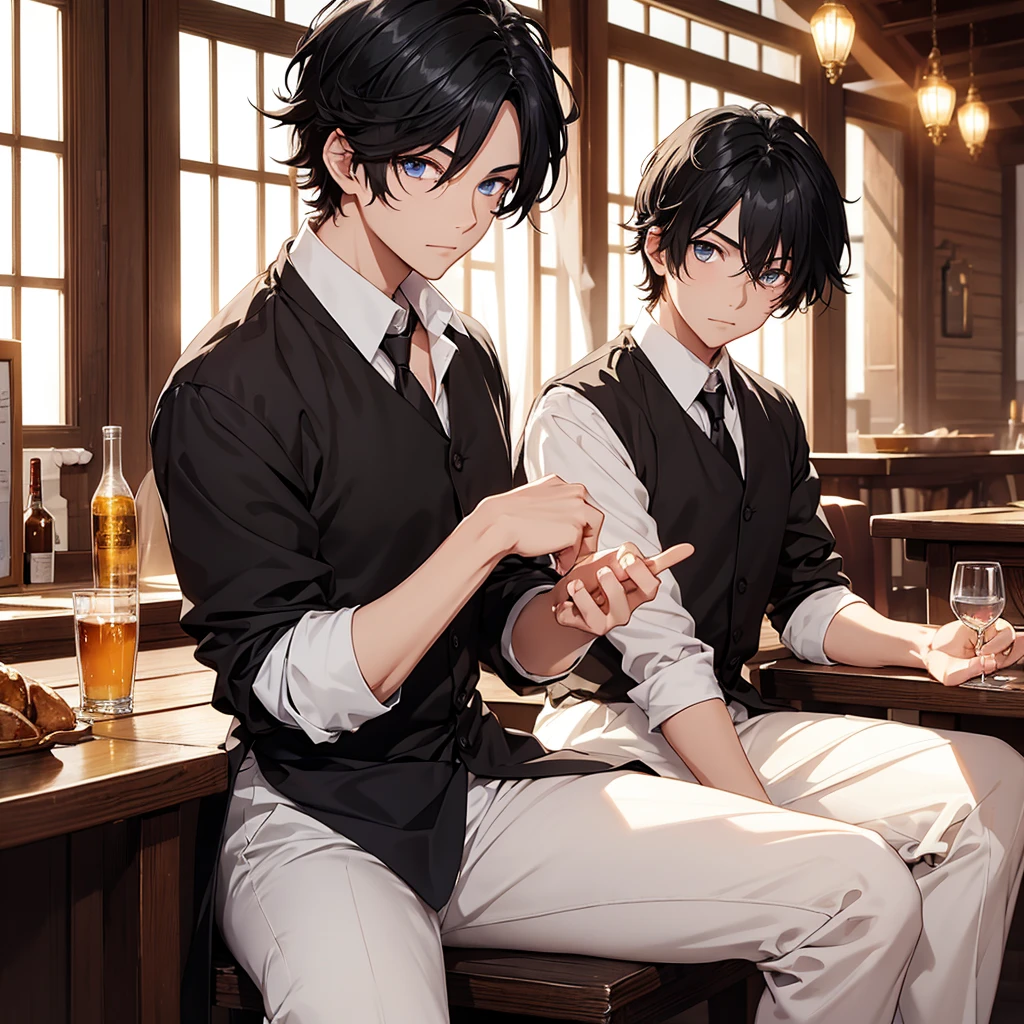 2boys,11 only、(Man's :2),(bobhair:1.5)、A dark-haired、chum、Suits、Brightly colored ties、bar,Bottles of liquor are lined up、Dark lighting、hightquality、masutepiece,8K,hight resolution、