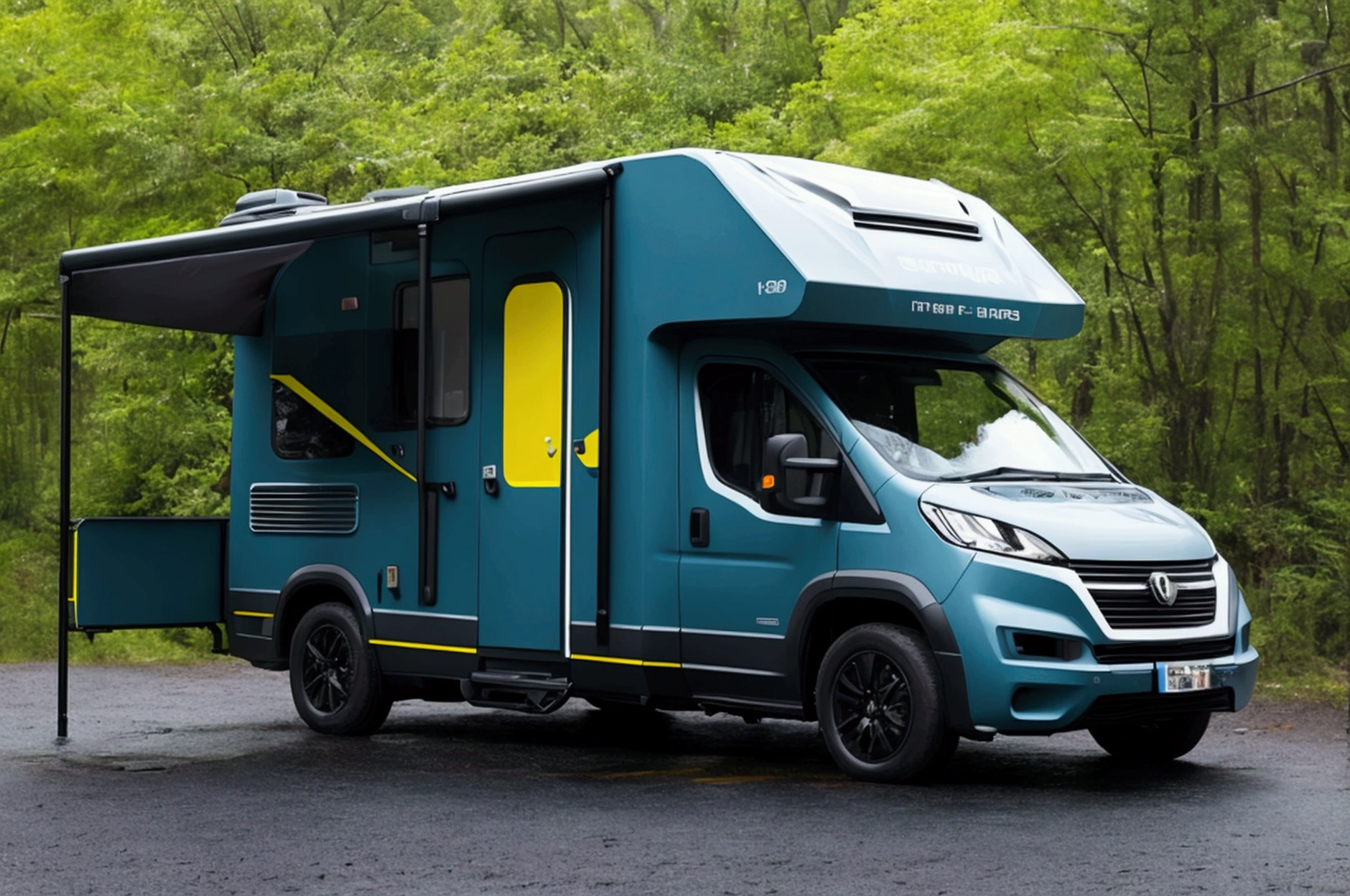 a lone future survivor rv, motorhome, highly detailed photographic image, vivid colors, red, green, blue, yellow, intense contrast, cinematic depth of field, masterfully composed, cinematic camera angle, quiet setting, wet floor, rain, photorealistic, 8k, studio lighting, physically-based rendering, extreme detail description, dramatic lighting, moody atmosphere, cinematic composition, environmental portrait