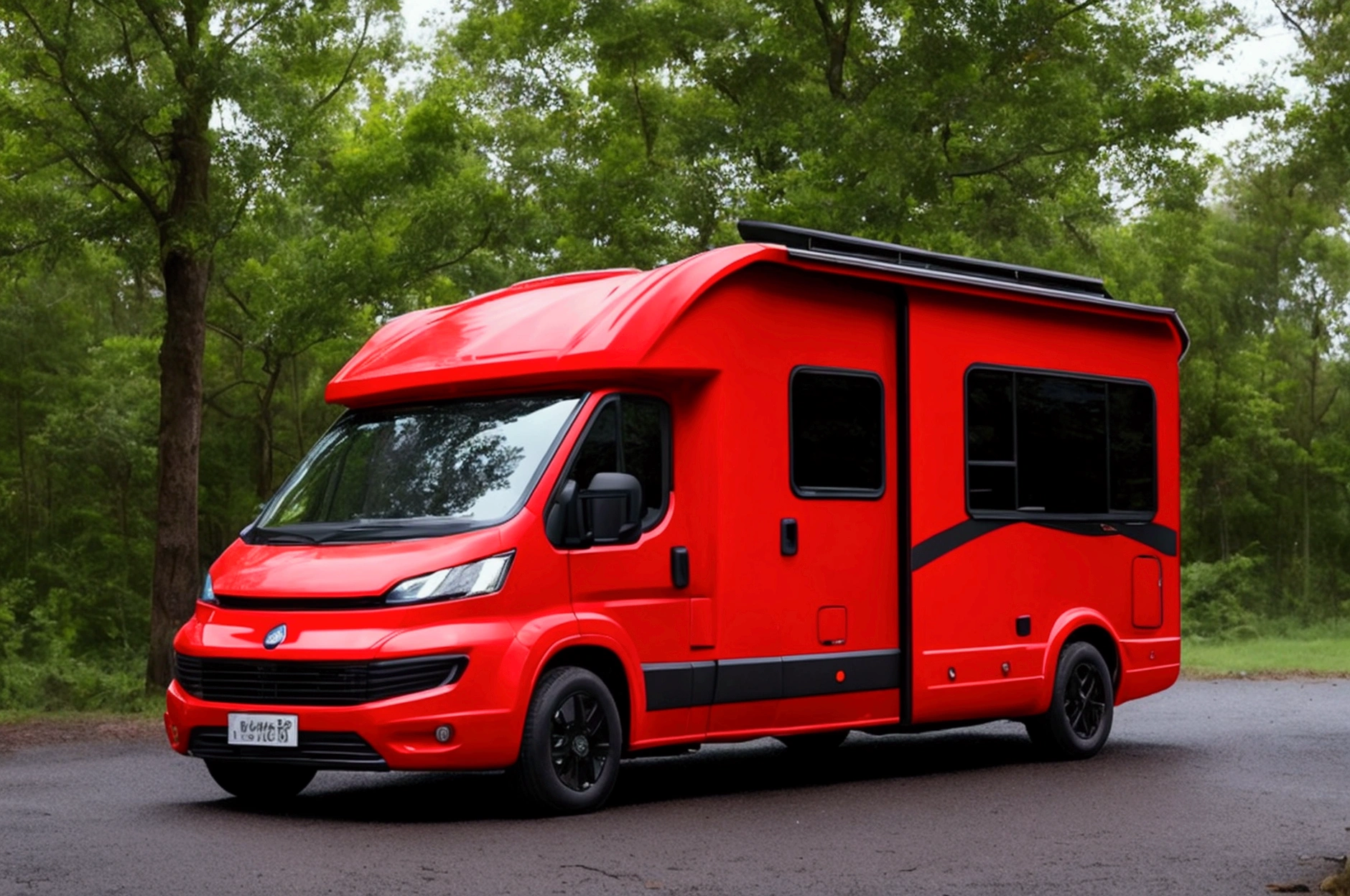 a lone future survivor rv, motorhome, highly detailed photographic image, vivid colors, red, green, blue, yellow, intense contrast, cinematic depth of field, masterfully composed, cinematic camera angle, quiet setting, wet floor, rain, photorealistic, 8k, studio lighting, physically-based rendering, extreme detail description, dramatic lighting, moody atmosphere, cinematic composition, environmental portrait