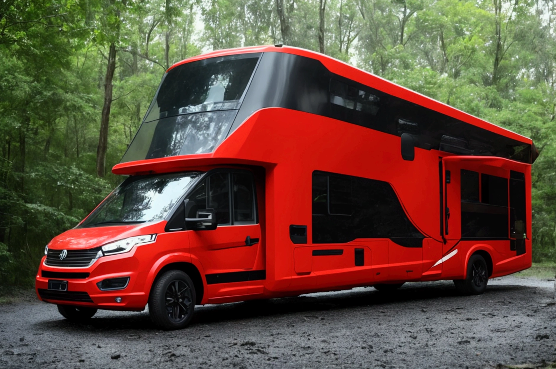 a lone future survivor rv, motorhome, highly detailed photographic image, vivid colors, red, green, blue, yellow, intense contrast, cinematic depth of field, masterfully composed, cinematic camera angle, quiet setting, wet floor, rain, photorealistic, 8k, studio lighting, physically-based rendering, extreme detail description, dramatic lighting, moody atmosphere, cinematic composition, environmental portrait