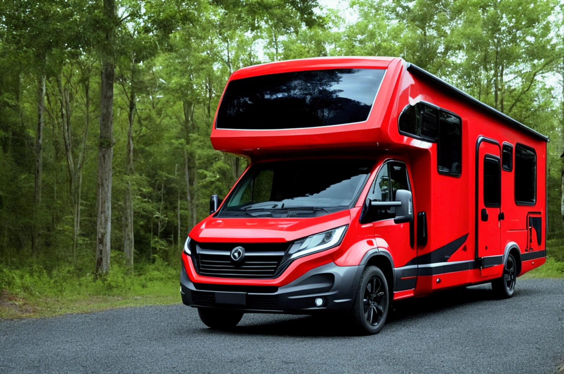 a lone future survivor rv, motorhome, highly detailed photographic image, vivid colors, red, green, blue, yellow, intense contrast, cinematic depth of field, masterfully composed, cinematic camera angle, quiet setting, wet floor, rain, photorealistic, 8k, studio lighting, physically-based rendering, extreme detail description, dramatic lighting, moody atmosphere, cinematic composition, environmental portrait