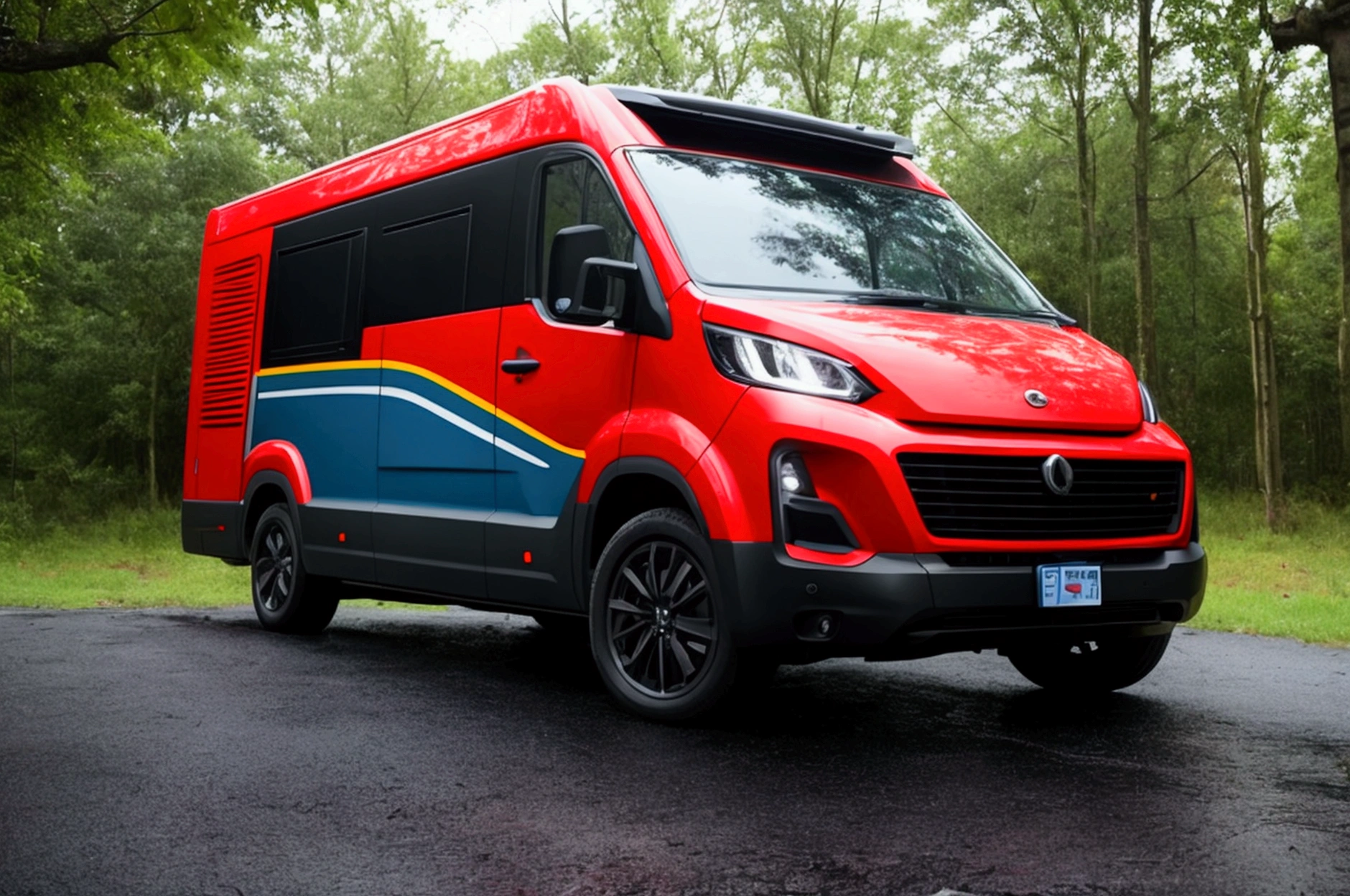 a lone future survivor rv, motorhome, highly detailed photographic image, vivid colors, red, green, blue, yellow, intense contrast, cinematic depth of field, masterfully composed, cinematic camera angle, quiet setting, wet floor, rain, photorealistic, 8k, studio lighting, physically-based rendering, extreme detail description, dramatic lighting, moody atmosphere, cinematic composition, environmental portrait