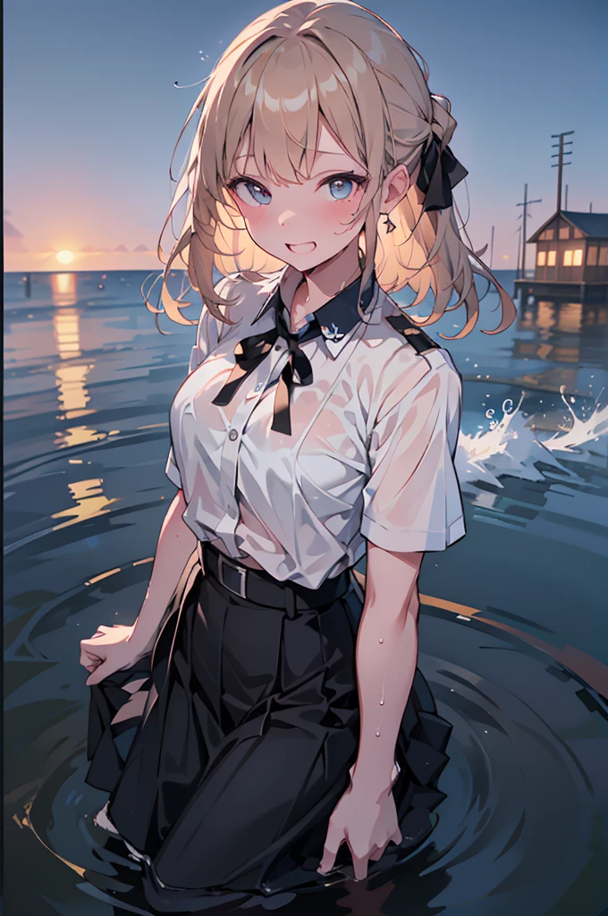 (8k, Ultra-high resolution, super high quality, masterpiece), One girl, cute, Mouth is open, looks fun, Ocean, Sunset, Wavy, soaked, Black Bra, shirt, blouse, ribbon, ゴシックなLong skirt, navy blue, Long skirt, Lots of water all over the body, splash, Soaking wet, Submersion, Lots of water, Standing in water, Water up to my chest, Date, Childlike, The best smile, drenched, Water Play, Ocean, 