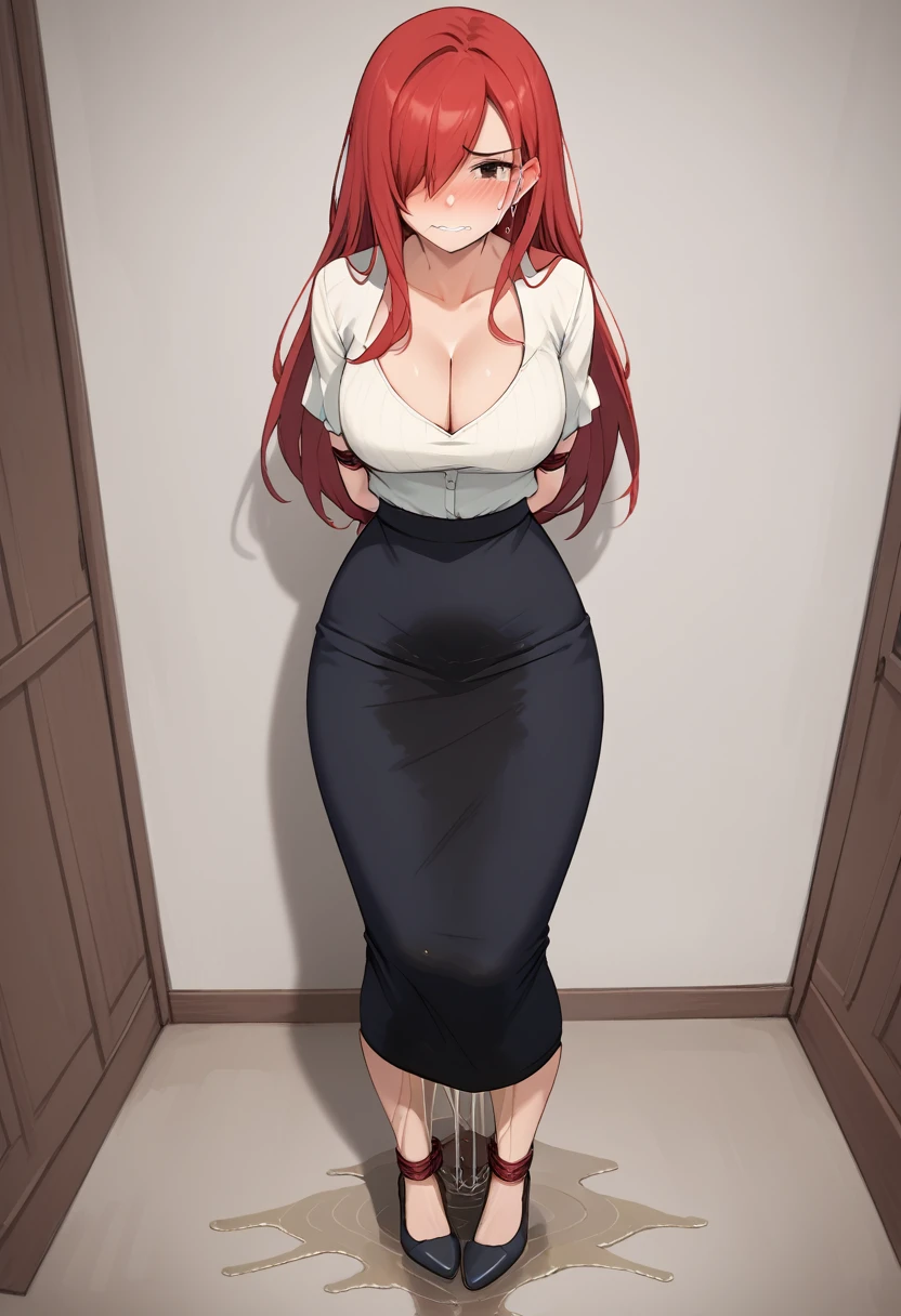 (high quality,Very detailed:1.37, High resolution), 2d, anime, anime style, anime source, Woman, Erza, red hair, dress, extremely long skirt, (pencil skirt:1.25), cleavage, hair over one eye, large breasts, long hair, looking at viewer, brown eyes, masterpiece, best quality, (wetting herself:1.75), embarrassed, humiliation, blushing, standing, (arms behind back:1.5), bondage, bound