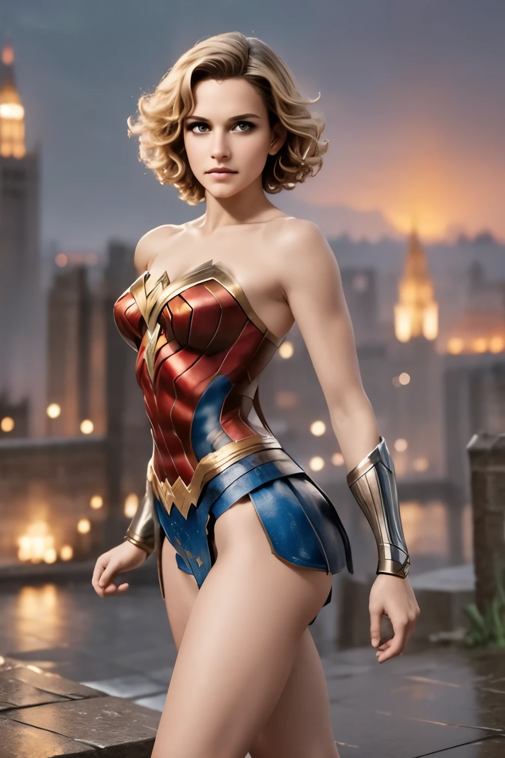 1 girl, Wonder Woman suit, short curly hair, blonde hair, beautiful face, rain, roof, masterpiece, exquisite details, perfect anatomy, fighting stance