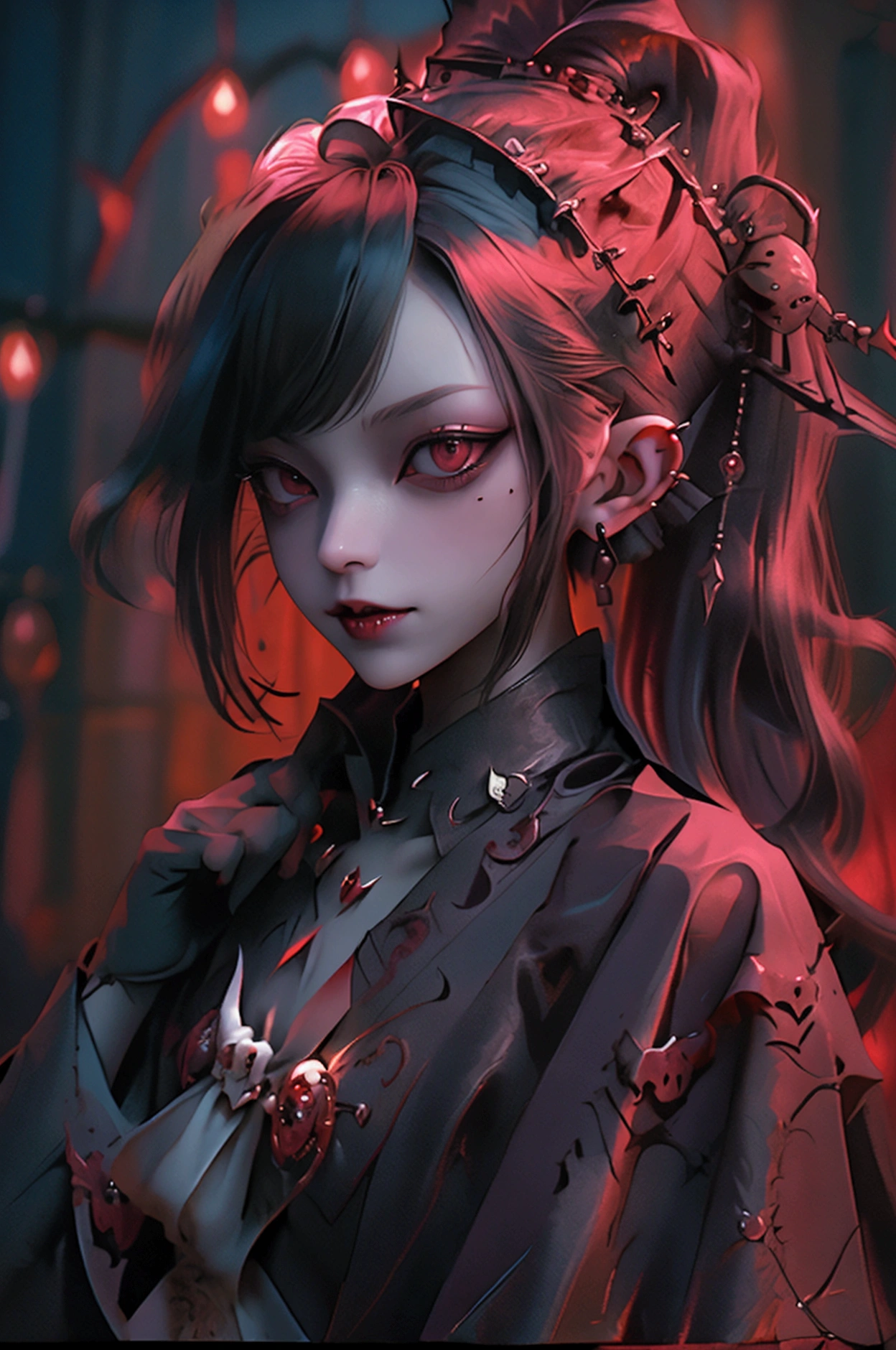 best quality,highres,extreme detail description,Professional,Studio lighting,a character with a dark,wavy hairstyle adorned with red horns,The character has a tattooed face,with intricate designs covering their cheeks,forehead,and neck,They are wearing a black outfit with red accents,and their fingers are covered in multiple rings,The background is a vibrant red,and the overall style of the image is reminiscent of fantasy or anime art,