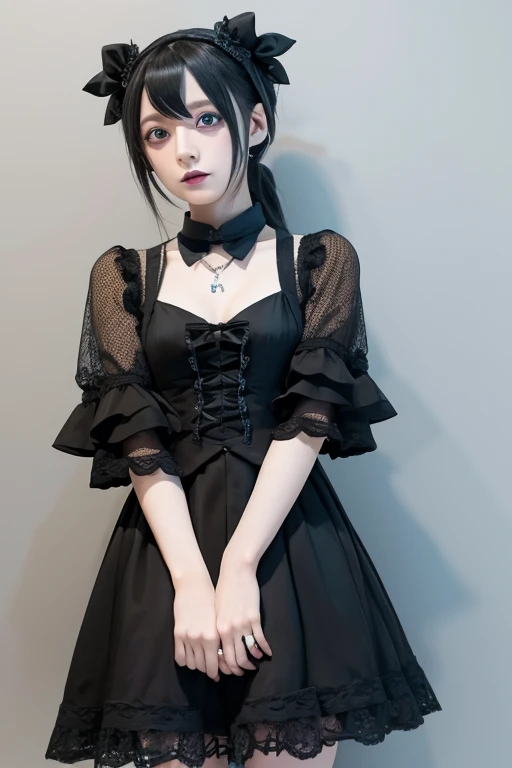 best quality, masterpiece, photorealistic, 1girl, solo, cowboy shot, standing, long black straight hair, blunt bangs, looking at viewer, smile, lo dress, long dress, layered dress, choker, bow, long sleeves,