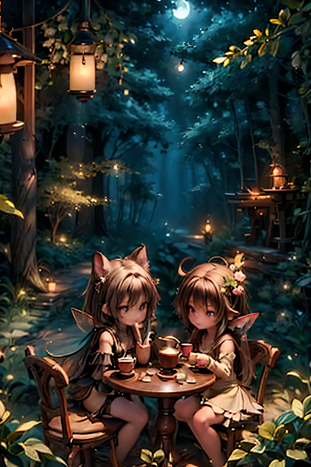 bets quality, masterpiece, highly detailed, fairies coffee shop, fairies drinking coffee, fantasy art style, coffee shop at the woods, woods at night, glowing lanterns 