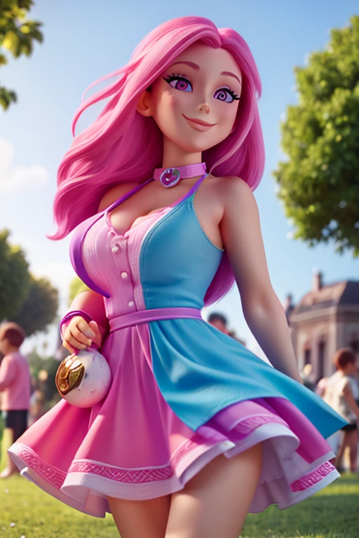 Perfect face. Perfect hands. A pink haired woman with violet eyes and an hourglass figure in a pretty summer dress is smiling while walking in the park