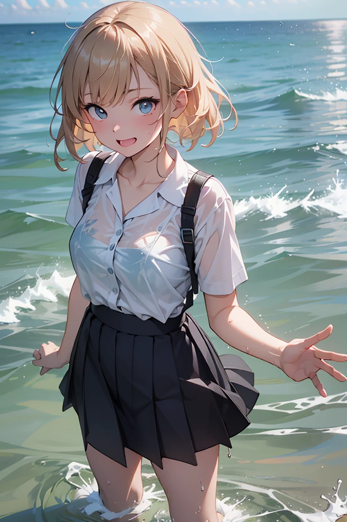 (8k, Ultra-high resolution, super high quality, masterpiece), One girl, cute, Mouth is open, looks fun, Ocean, Sunset, Wavy, soaked, Black Bra, shirt, blouse, ribbon, ゴシックなLong skirt, navy blue, Long skirt, Lots of water all over the body, splash, Soaking wet, Submersion, Lots of water, Standing in water, Water up to my chest, Date, like, The best smile, drenched, Water Play, Ocean, Reach out, 