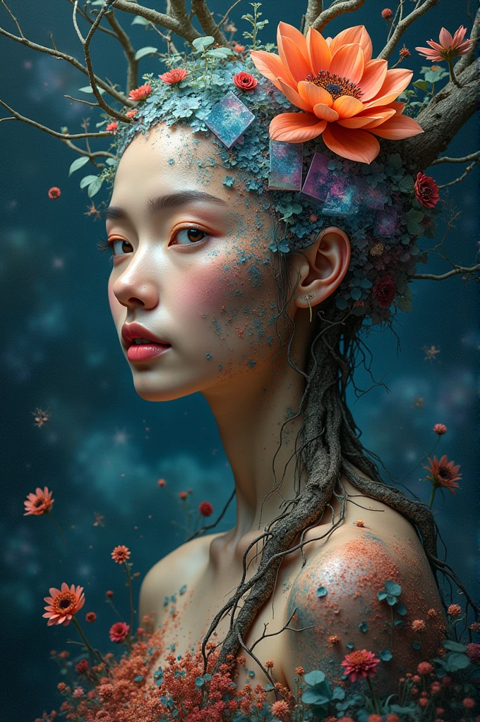 hyperrealistic sexy korean woman, freckly, blushing, in her thirties, freckles, Gorgeous sexy beautiful, underwater cotton and roses, tulips, with freckles and curls, skindetails and wet pores during golden hour, skin with beautiful nostalgic mood, emotive face with wet skin and petals falling and dandelion seeds flying and dramatic light play --auto --s2