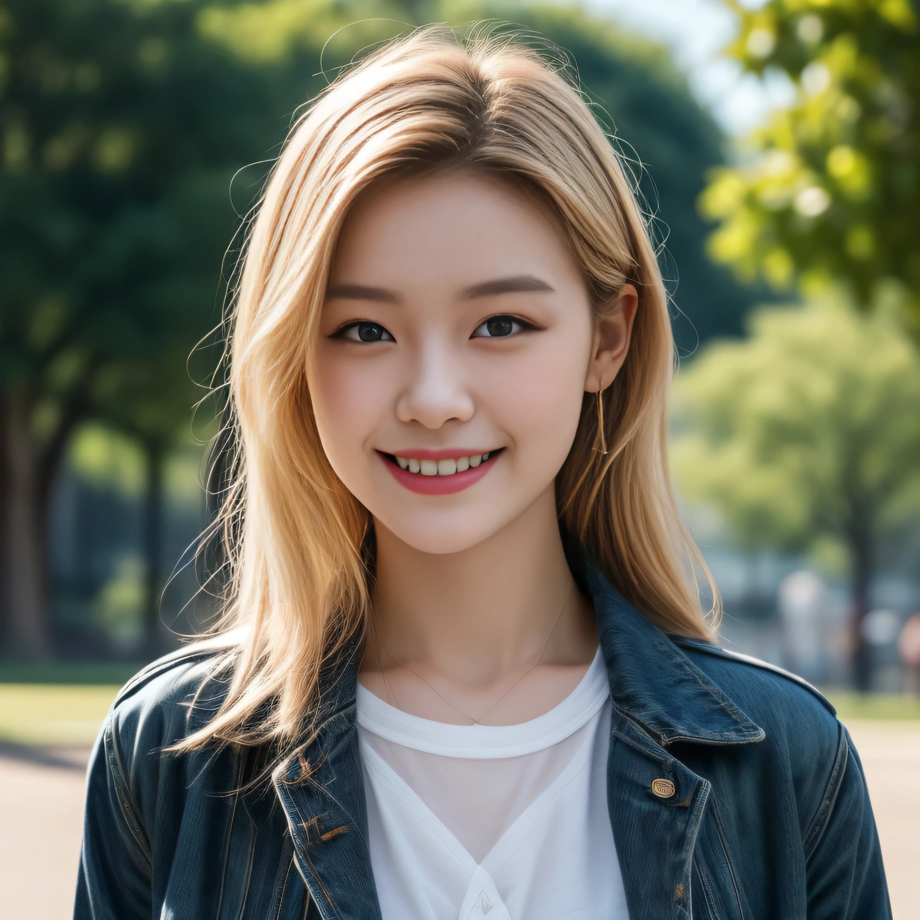 masterpiece, best quality, 1girl, beautiful, fine, delicate, extremely intricate, detailed, blonde hair, jacket, blue eyes, ((masterpiece)), extremely detailed, best quality, high resolution, ((at a park)), Bridget, smile,