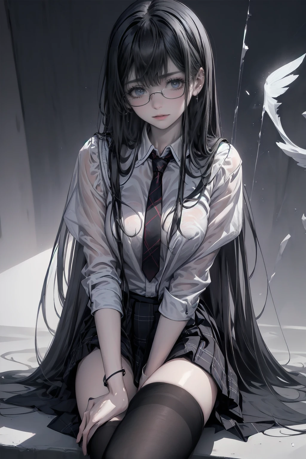 (The perfect solution, Absurd, Dynamic Lighting, High Resolution, masterpiece, Highest quality), Black background, ((moonlight)),, 1 girl, Silver Hair, Shiny Hair, very Long Hair, 鈍いbangs, Very red lips, Looking at the audience, Iconic eyes, (((Half-closed eyes))), (偽りのsmile), (Chest and ribs), eyes are bright red, pupils are narrow, Gothic Makeup,, Light beige skin, (fallen Angel)))), ((((Haniel)))) Light Skin Hair, Long Hair, きれいに整えられたbangs, ((Long Bottom)), ((Long eyelashes)), eye shadow, (((Grey Eyes))), Light skin and brown lips, (Laugh without emotion), Behaving provocatively, ((whiteい美しいゴシック衣装)), Lady,, (Beautiful background: 1.18), High Resolution, art, work, Highest quality, ,Shadowed face　、beautiful girl、とてもcute天使、Pink T-shirt、cute、、smile、Long skirt、Black long boots、.(Highest quality,4K,High resolution,masterpiece:1.2),Very detailed,Realistic:1.37, beautiful girl、Very cute angel、(masterpiece:1.2, Highest quality), (Actual, photoActual:1.4), Looking at the audience, whole body, Front view:0.6, , Japanese, high School girl, (Long Hair:1.5), Dry your hair, (Half Up, Half Down, Half Up, Half Downdo), bangs, Hair between the eyes, Big Breasts:0.8, Beautiful Hair, Pretty face, Beautiful and delicate eyes, Beautiful clavicle, Beautiful body, Beautiful breasts, Beautiful thighs, Beautiful feet, (Beautiful views), , School, ((Collared short-sleeved shirt, white shirt, School uniform, Grey plaid pleated skirt, Blue checked bow tie)), white, Lying on a table on stage，The skirt hangs down around the thighs, Clothes buttons open, show内衣, Place your hands behind your back，Spread your legs，show， blush, ,smile、Long skirt、
