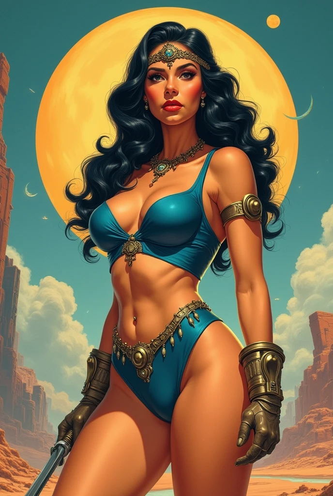 DC Comics, Eloise Mumford dressed as Dejah Thoris, by Frank cho and HR Geiger, barsoom, (sexy), detailed background, night time, ornate diadem, two moons, of Mars in the sky, nearly naked, (1girl), alien sky, warrior woman, Camel toe