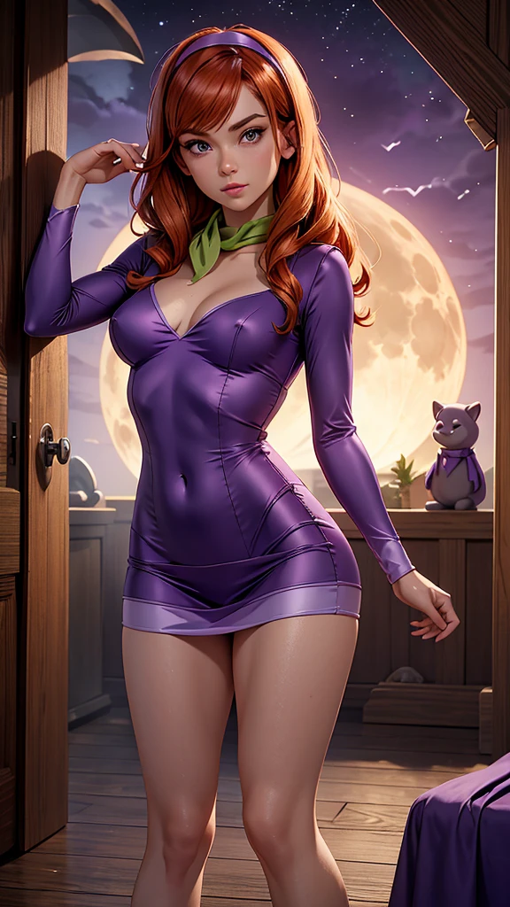 Daphne Blake with Scooby Doo, beautiful and delicate sexy woman, joven, ginger hair, ojos color violeta, short dress purple, scarf green, skinny body, small and beautiful breasts, small and beautiful buttocks, purple shoes, sensual, mysterious, sinister background, she is in a wooden house with ghosts, Dark atmosphere, full moon, cemetery, night, High resolution, masterpiece, The best quality, Very detailed, photorealistic, realism, 