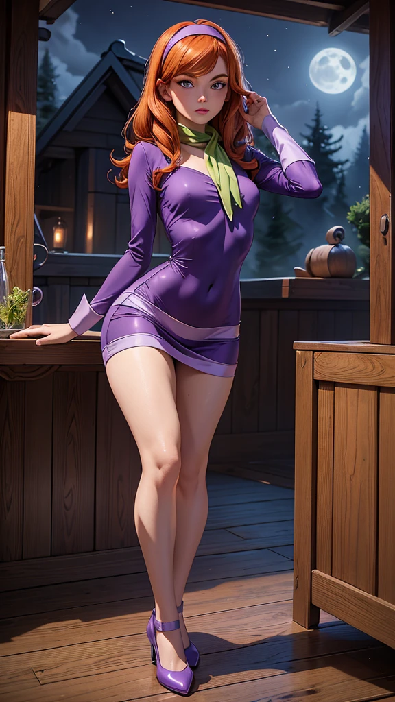 Daphne Blake with Scooby Doo, beautiful and delicate sexy woman, joven, ginger hair, ojos color violeta, short dress purple, scarf green, skinny body, small and beautiful breasts, small and beautiful buttocks, purple shoes, sensual, mysterious, sinister background, she is in a wooden house with ghosts, Dark atmosphere, full moon, cemetery, night, High resolution, masterpiece, The best quality, Very detailed, photorealistic, realism, 